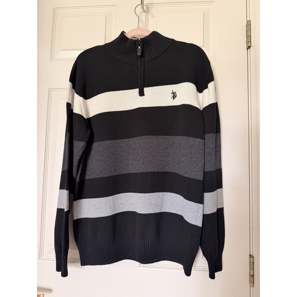 U.S. Polo Assn. Men’s L Quarter Zip Sweater Color Block Striped Cotton Blend
